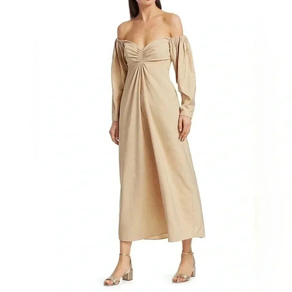 ALC CALLEY LONG SLEEVE OFF THE SHOULDER MAXI DRESS IN BEIGE- Size 8 - Picture 3 of 8